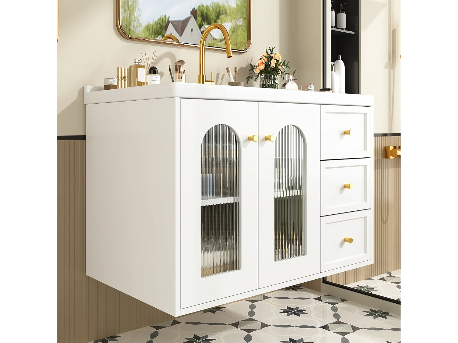 Einzelwandiger Waschtischunterschrank mit Keramikwaschbecken – 80 x 50 x 58 cm – mit Glastürschrank und 2 Schubladen – MDF – weiß