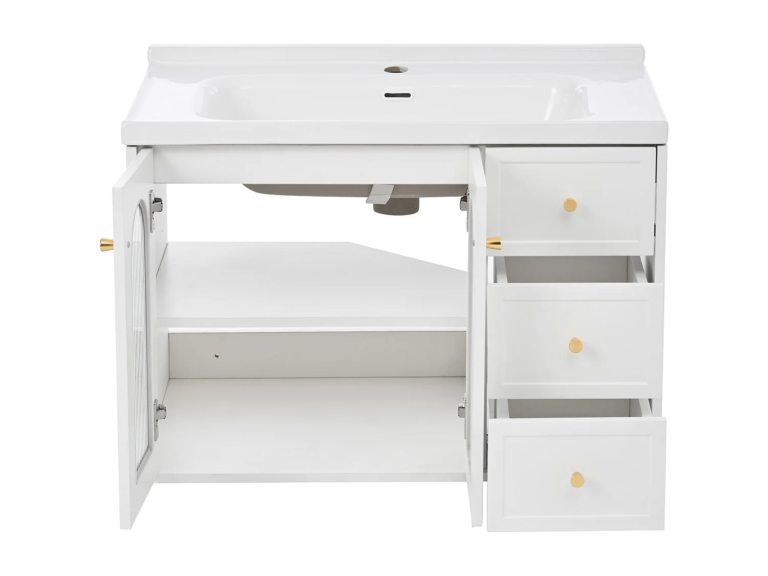 Einzelwandiger Waschtischunterschrank mit Keramikwaschbecken – 80 x 50 x 58 cm – mit Glastürschrank und 2 Schubladen – MDF – weiß