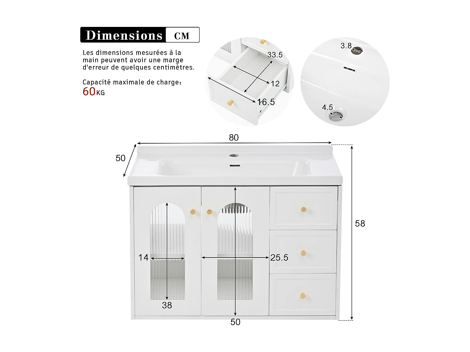 Einzelwandiger Waschtischunterschrank mit Keramikwaschbecken – 80 x 50 x 58 cm – mit Glastürschrank und 2 Schubladen – MDF – weiß