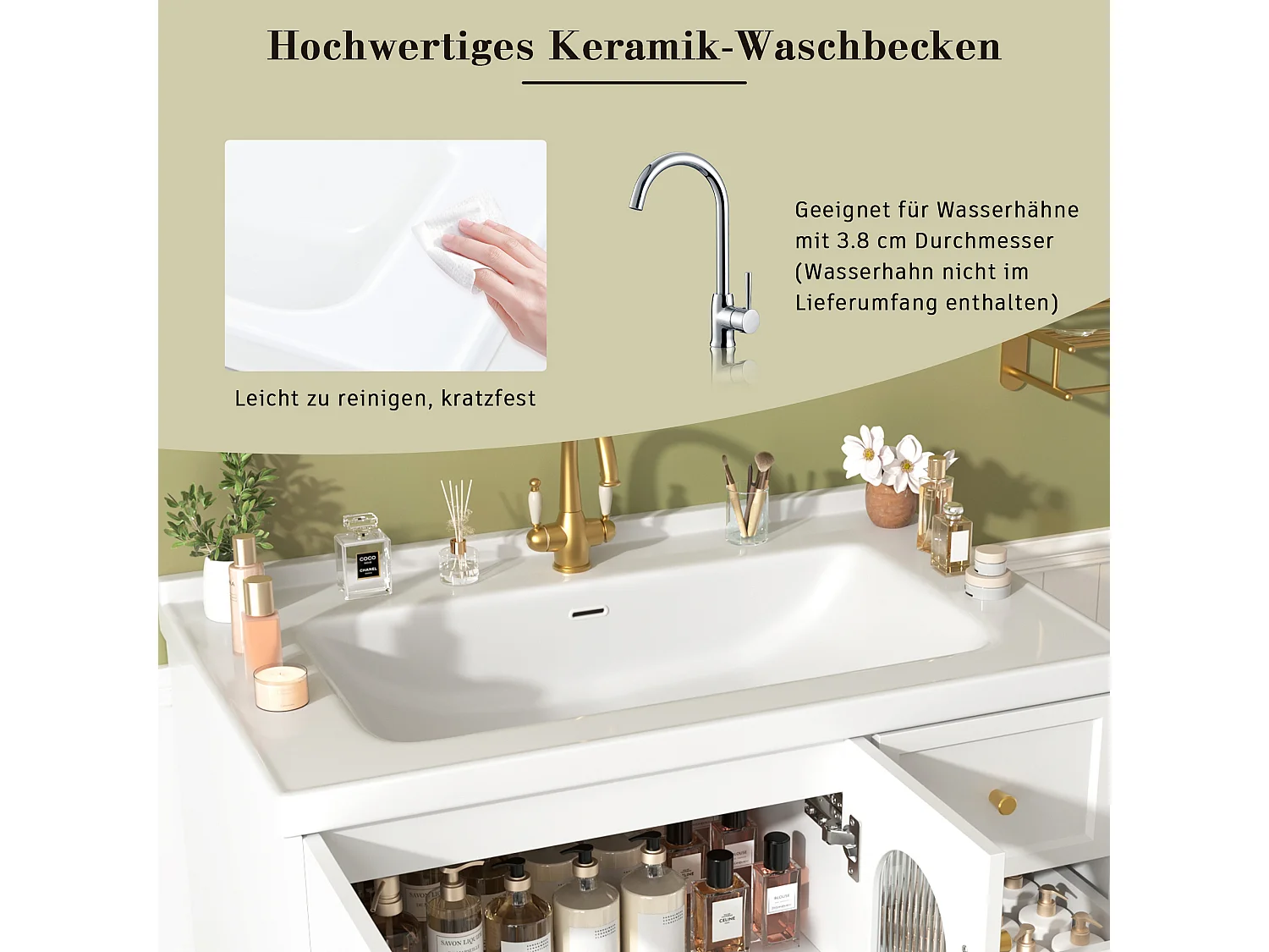 Einzelwandiger Waschtischunterschrank mit Keramikwaschbecken – 80 x 50 x 58 cm – mit Glastürschrank und 2 Schubladen – MDF – weiß