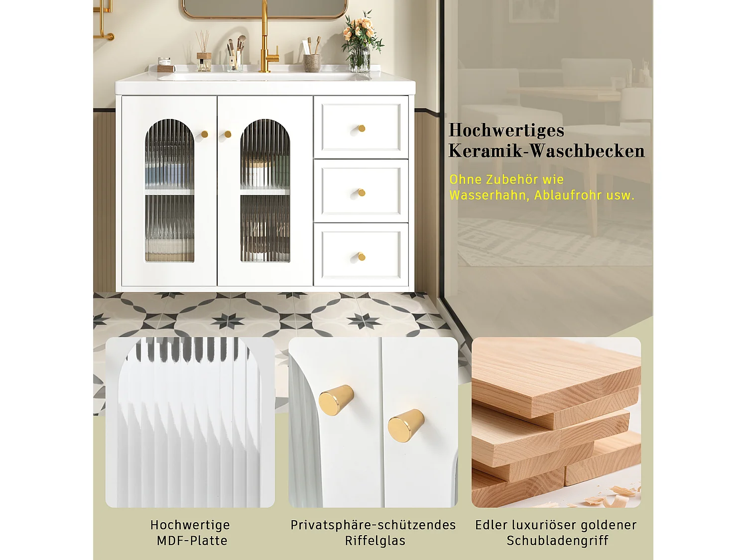 Einzelwandiger Waschtischunterschrank mit Keramikwaschbecken – 80 x 50 x 58 cm – mit Glastürschrank und 2 Schubladen – MDF – weiß