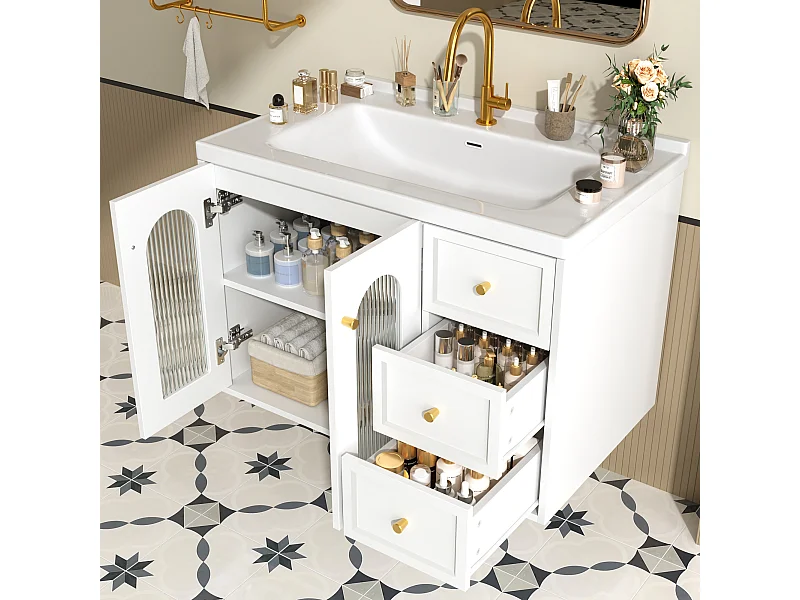 Einzelwandiger Waschtischunterschrank mit Keramikwaschbecken – 80 x 50 x 58 cm – mit Glastürschrank und 2 Schubladen – MDF – weiß