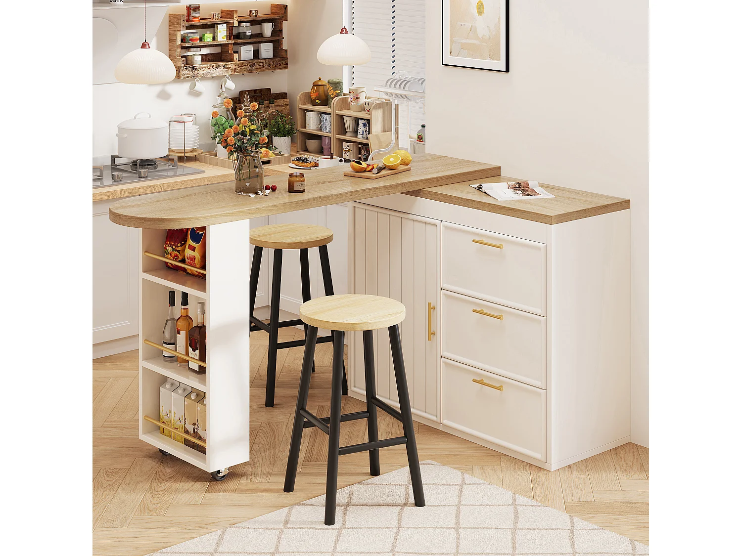 360° drehbarer Bartisch – 128/203 x 39 x 90 cm – mit Ablagen, 3 Schubladen und Tür – MDF und Metall – weiß