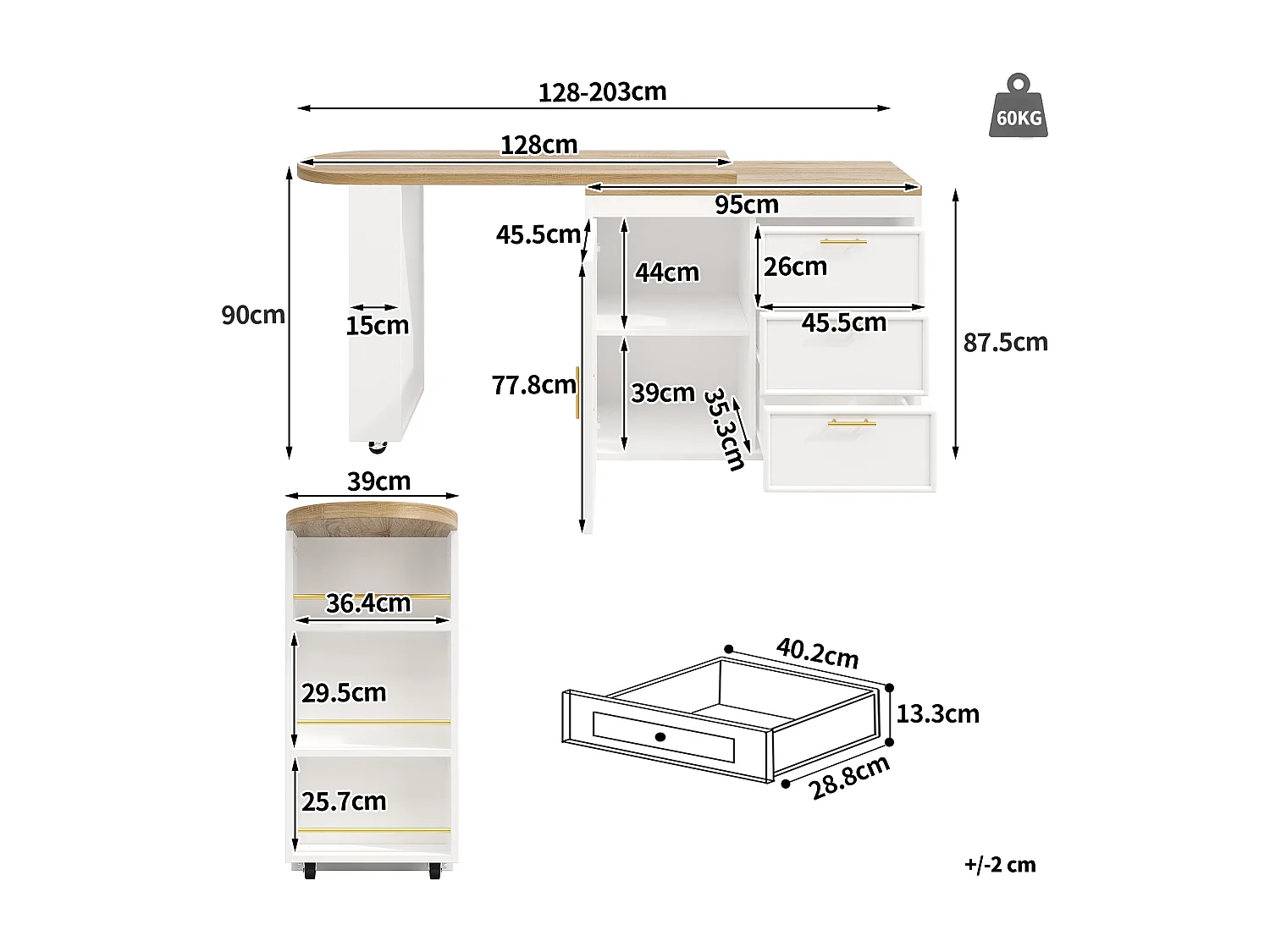 360° drehbarer Bartisch – 128/203 x 39 x 90 cm – mit Ablagen, 3 Schubladen und Tür – MDF und Metall – weiß