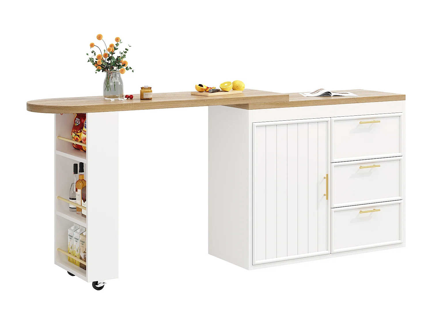 360° drehbarer Bartisch – 128/203 x 39 x 90 cm – mit Ablagen, 3 Schubladen und Tür – MDF und Metall – weiß