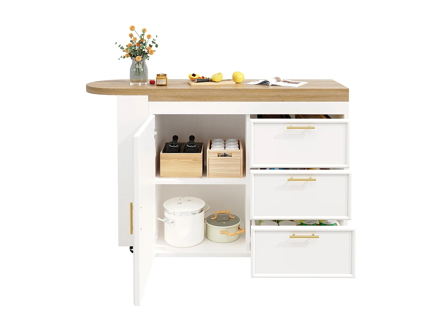 360° drehbarer Bartisch – 128/203 x 39 x 90 cm – mit Ablagen, 3 Schubladen und Tür – MDF und Metall – weiß