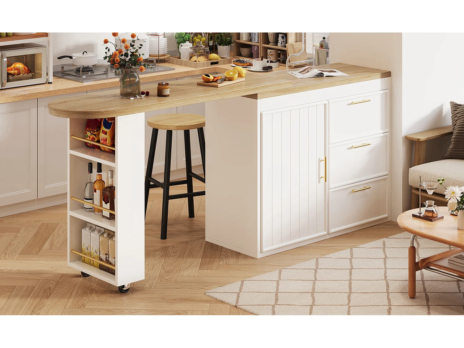 360° drehbarer Bartisch – 128/203 x 39 x 90 cm – mit Ablagen, 3 Schubladen und Tür – MDF und Metall – weiß