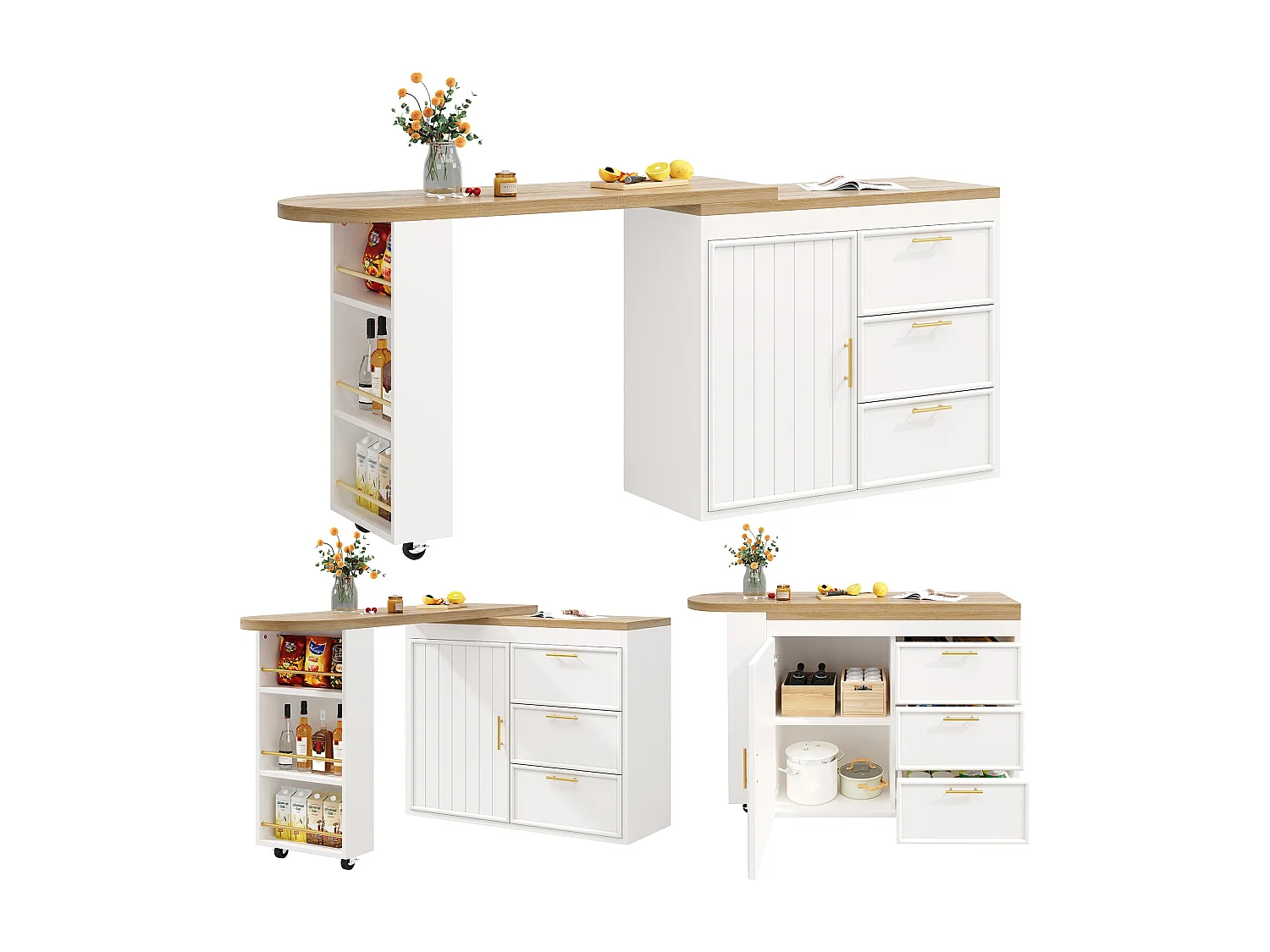 360° drehbarer Bartisch – 128/203 x 39 x 90 cm – mit Ablagen, 3 Schubladen und Tür – MDF und Metall – weiß