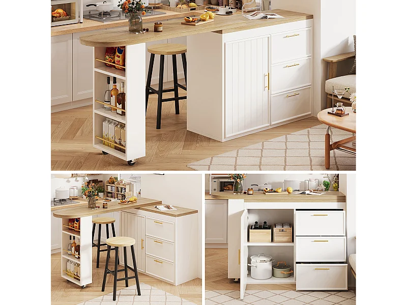 360° drehbarer Bartisch – 128/203 x 39 x 90 cm – mit Ablagen, 3 Schubladen und Tür – MDF und Metall – weiß