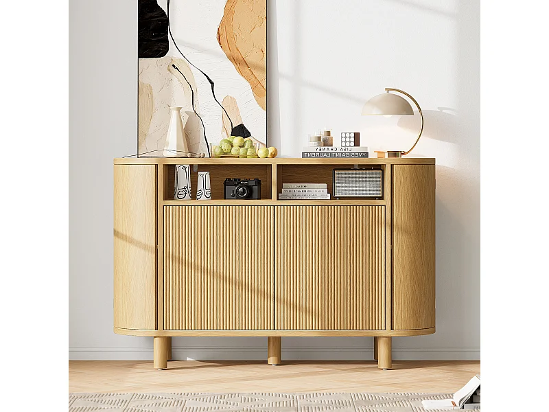 Nowoczesna komoda do przedpokoju - 120 x 38 x 77 cm - z 4 drzwiami + półki - MDF - naturalny