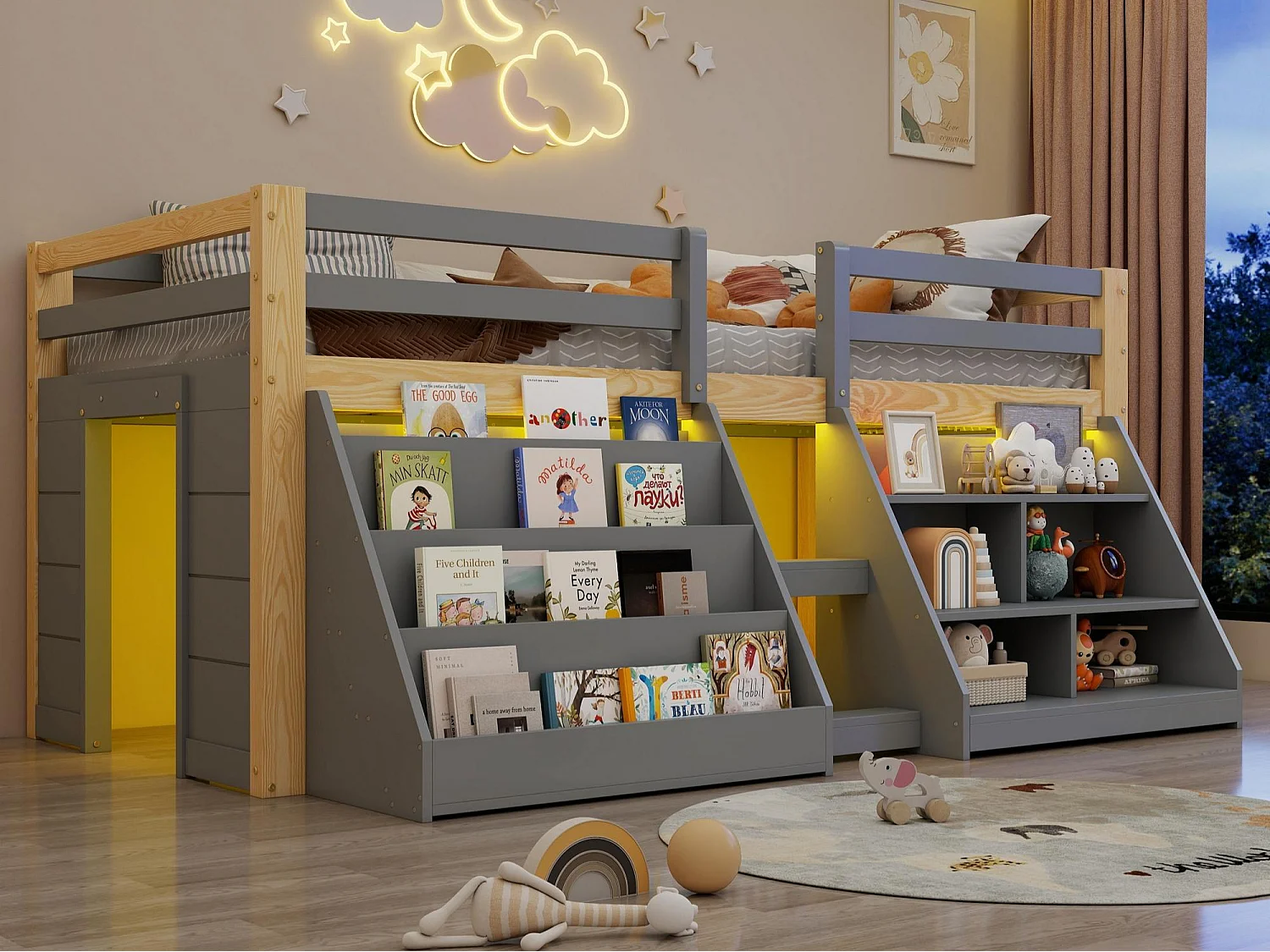 Kinderbed 90x200 cm - met LED-verlichting - met opbergplank - met hekken + ladder - Grijs​ (matras niet inbegrepen)