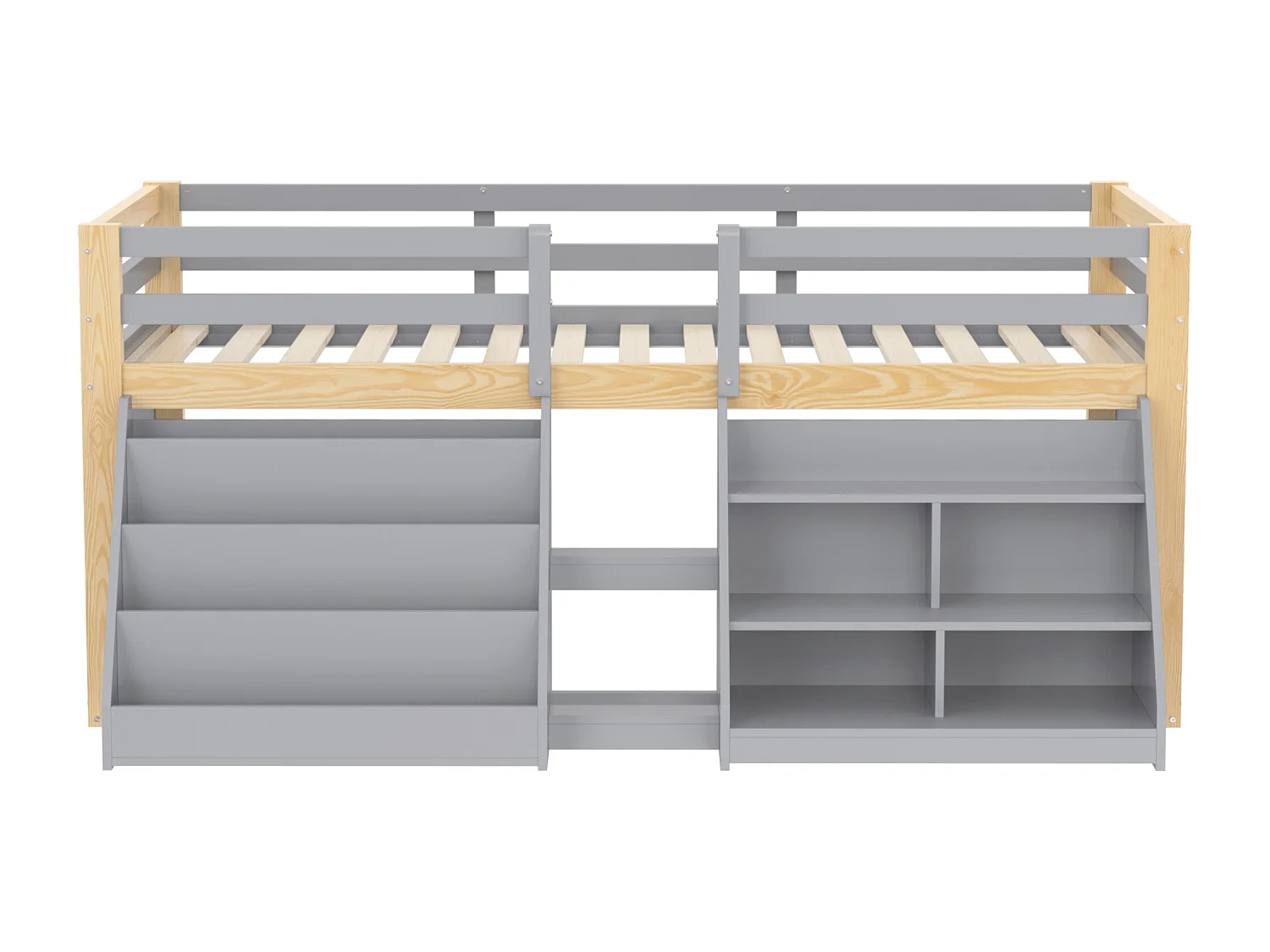 Kinderbed 90x200 cm - met LED-verlichting - met opbergplank - met hekken + ladder - Grijs​ (matras niet inbegrepen)