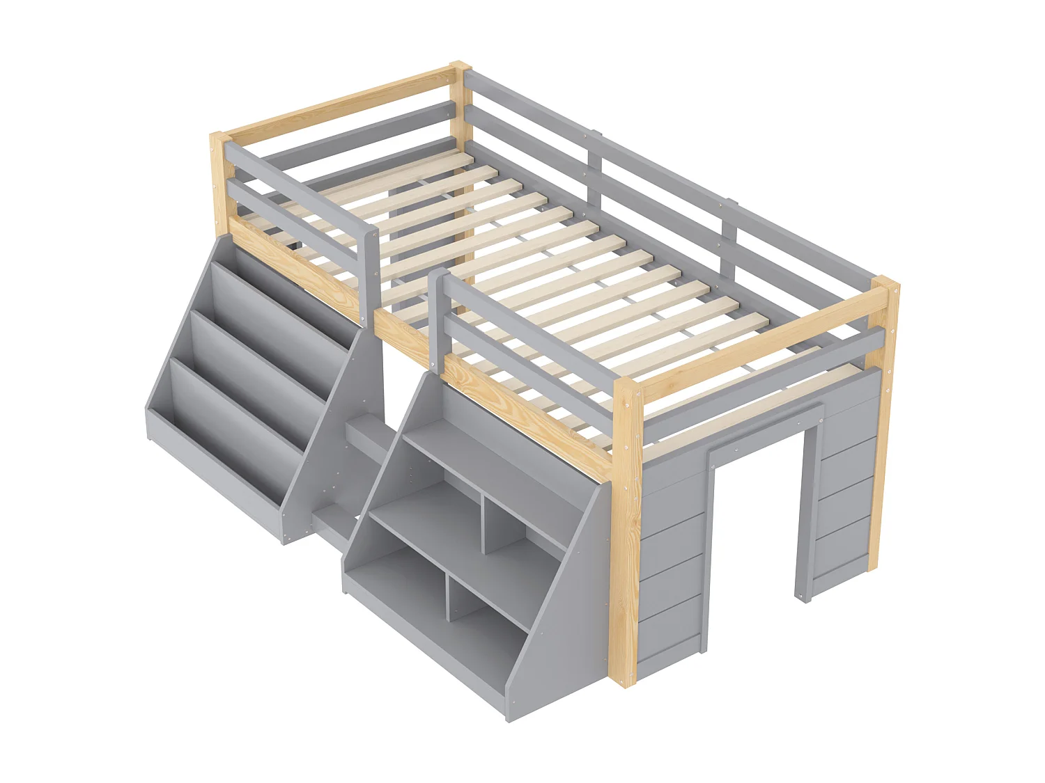 Kinderbed 90x200 cm - met LED-verlichting - met opbergplank - met hekken + ladder - Grijs​ (matras niet inbegrepen)