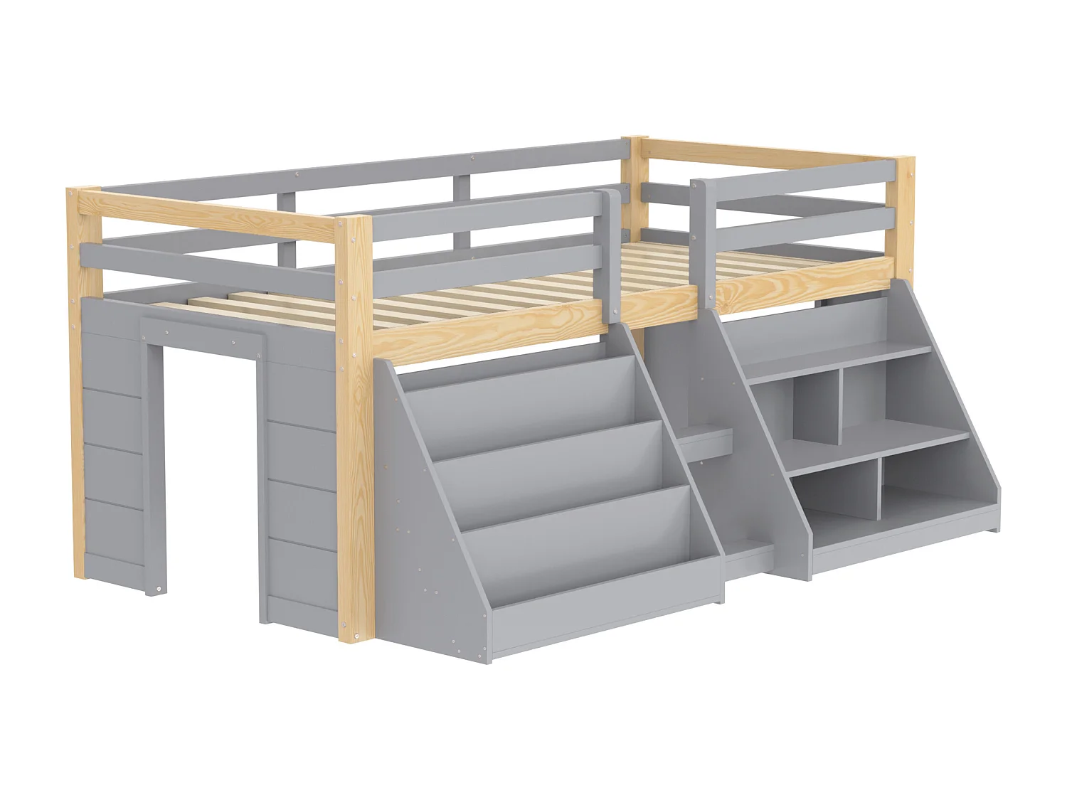 Kinderbed 90x200 cm - met LED-verlichting - met opbergplank - met hekken + ladder - Grijs​ (matras niet inbegrepen)