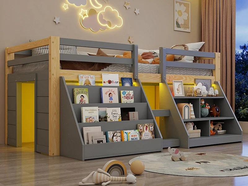 Lit enfant 90x200 cm - avec éclairage LED - avec étagère de rangement - avec barrières + échelle - Gris(matelas non inclus)