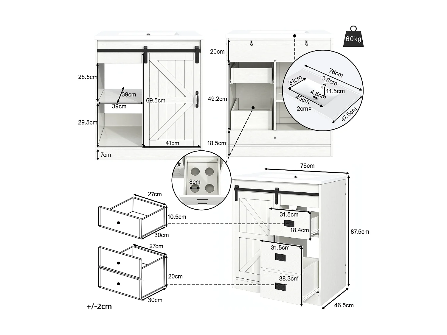 Badezimmer-Waschtisch mit Keramikwaschbecken – 76 x 46,5 x 87,5 cm – mit Schiebetüren und Schubladen – MDF – weiß