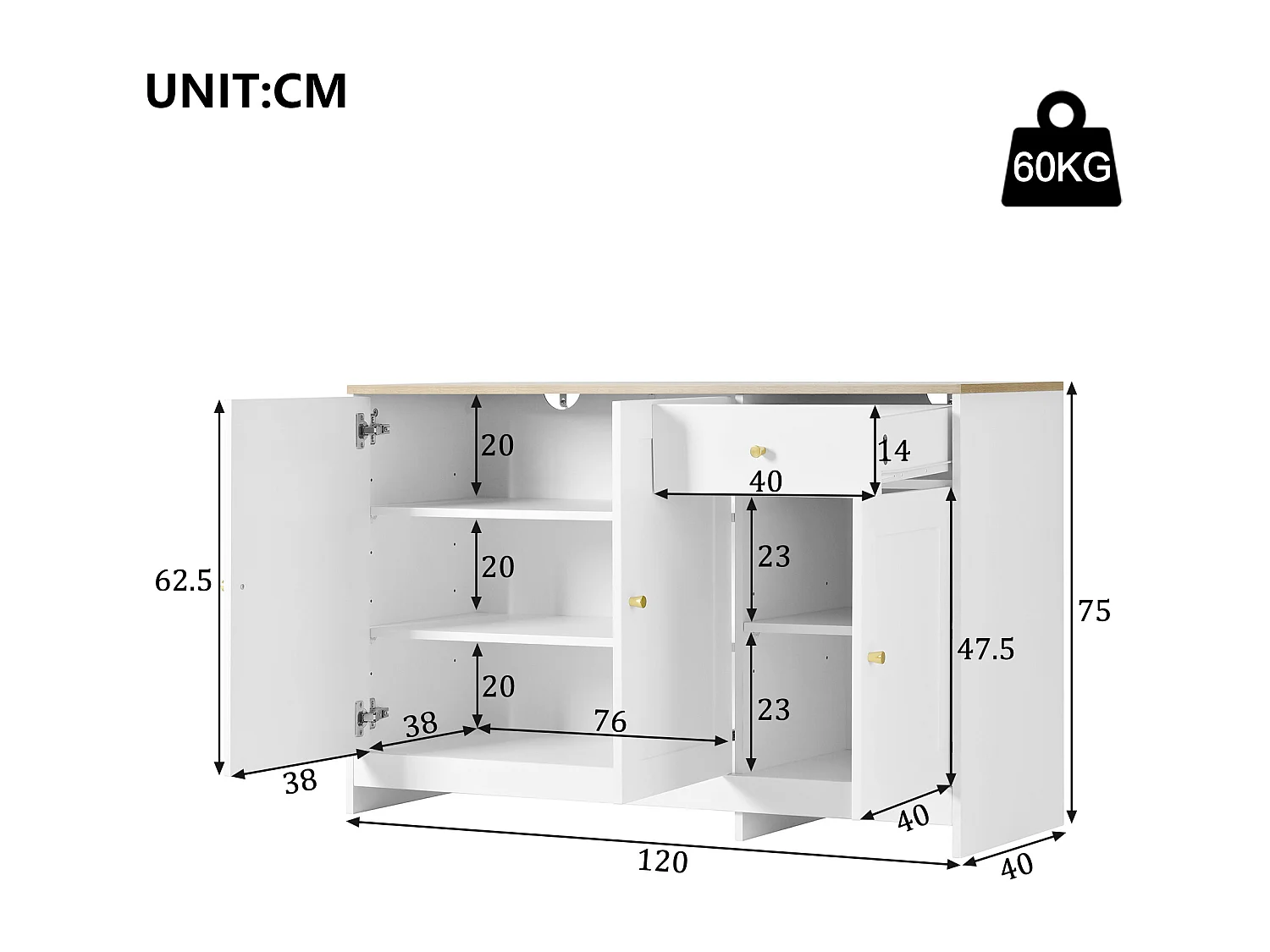 Nowoczesna komoda do salonu - 120 x 40 x 75 cm - z 1 szufladą + 3 drzwiami - płyta wiórowa + MDF - biała