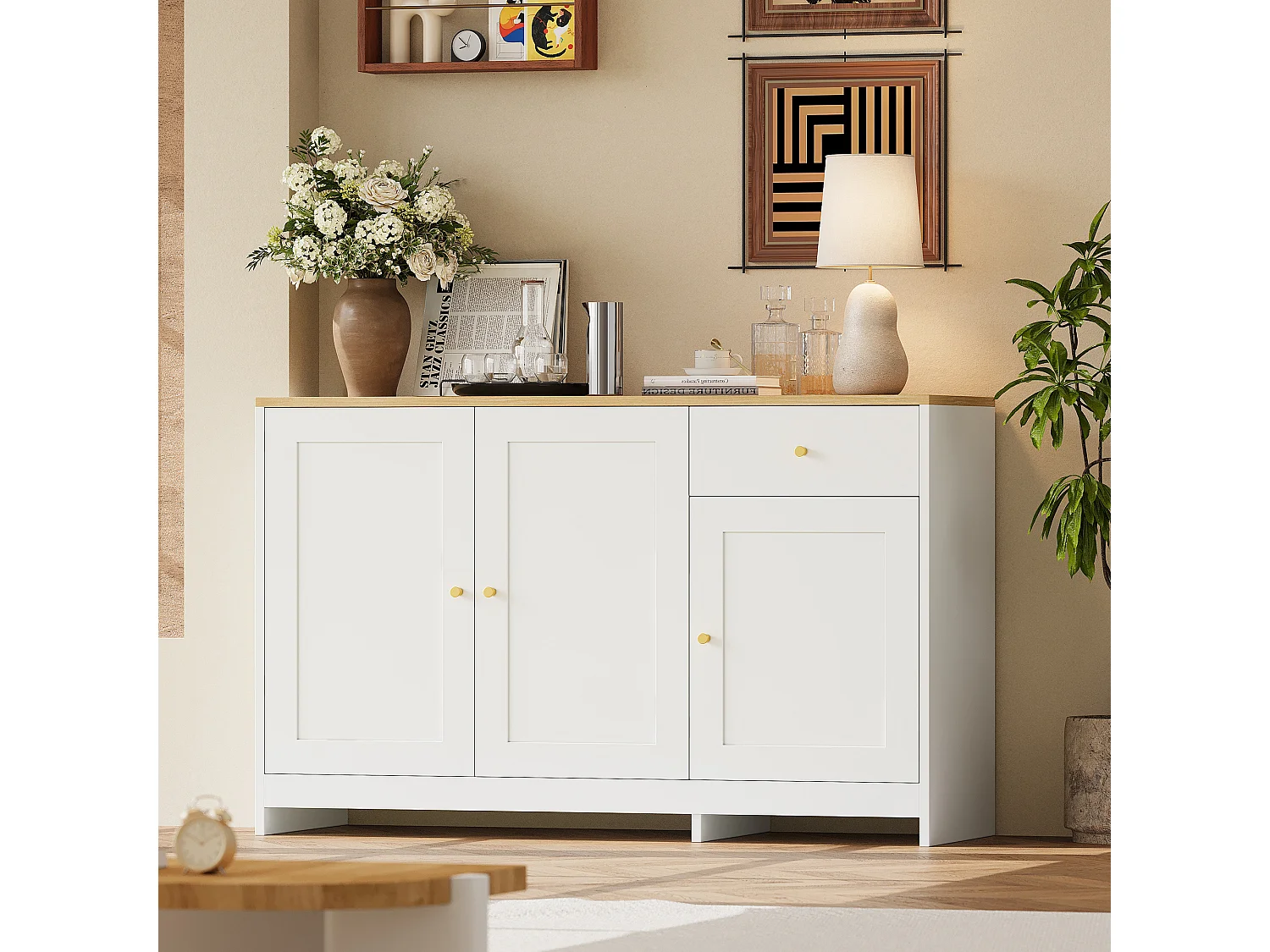 Nowoczesna komoda do salonu - 120 x 40 x 75 cm - z 1 szufladą + 3 drzwiami - płyta wiórowa + MDF - biała