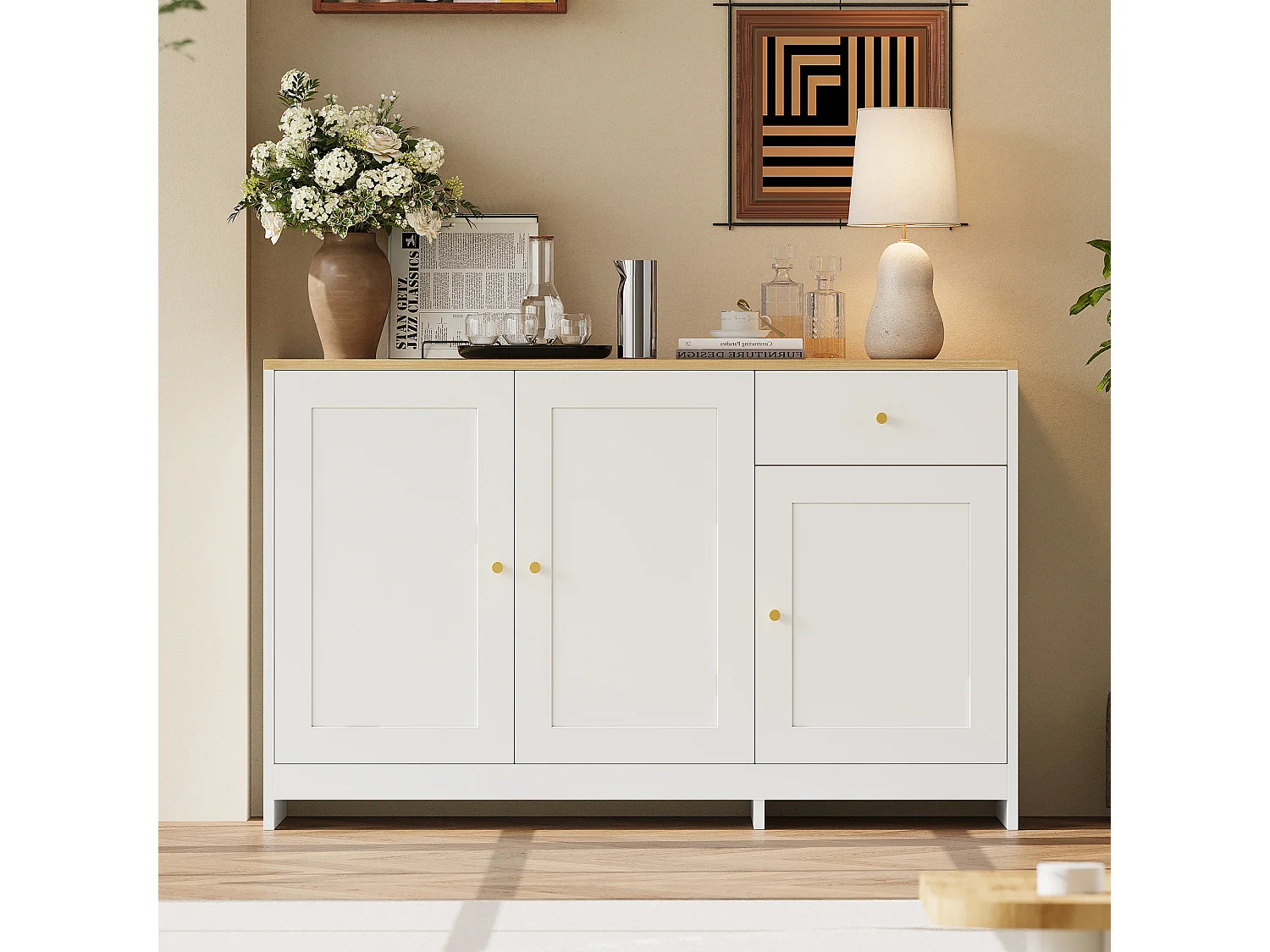 Nowoczesna komoda do salonu - 120 x 40 x 75 cm - z 1 szufladą + 3 drzwiami - płyta wiórowa + MDF - biała