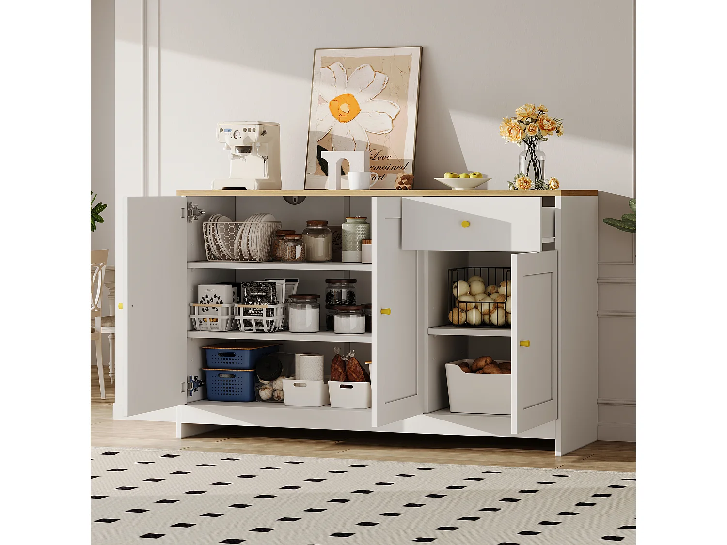 Nowoczesna komoda do salonu - 120 x 40 x 75 cm - z 1 szufladą + 3 drzwiami - płyta wiórowa + MDF - biała