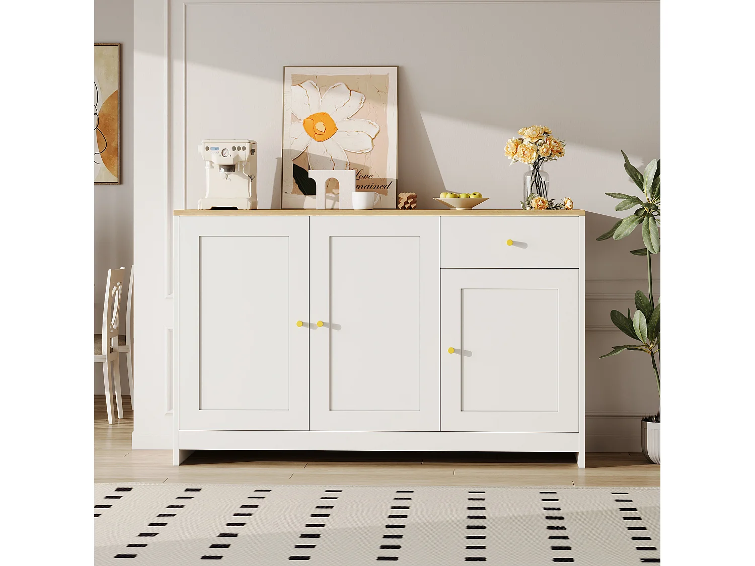 Nowoczesna komoda do salonu - 120 x 40 x 75 cm - z 1 szufladą + 3 drzwiami - płyta wiórowa + MDF - biała