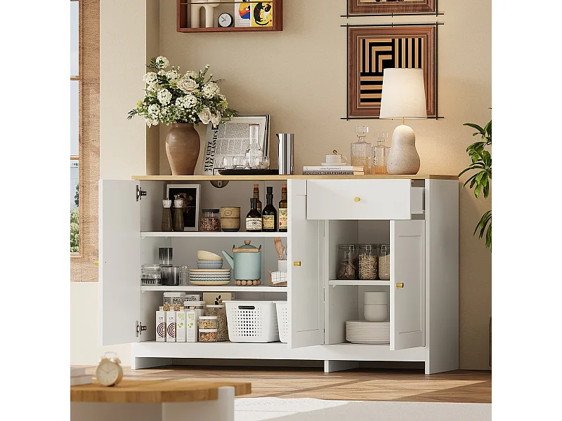 Nowoczesna komoda do salonu - 120 x 40 x 75 cm - z 1 szufladą + 3 drzwiami - płyta wiórowa + MDF - biała