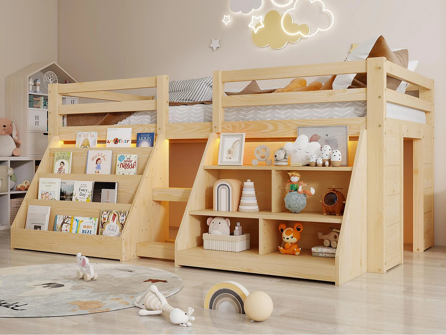 Kinderbed 90x200 cm - met LED-verlichting - met opbergplank - met hekken + ladder - Natuur​ (matras niet inbegrepen)