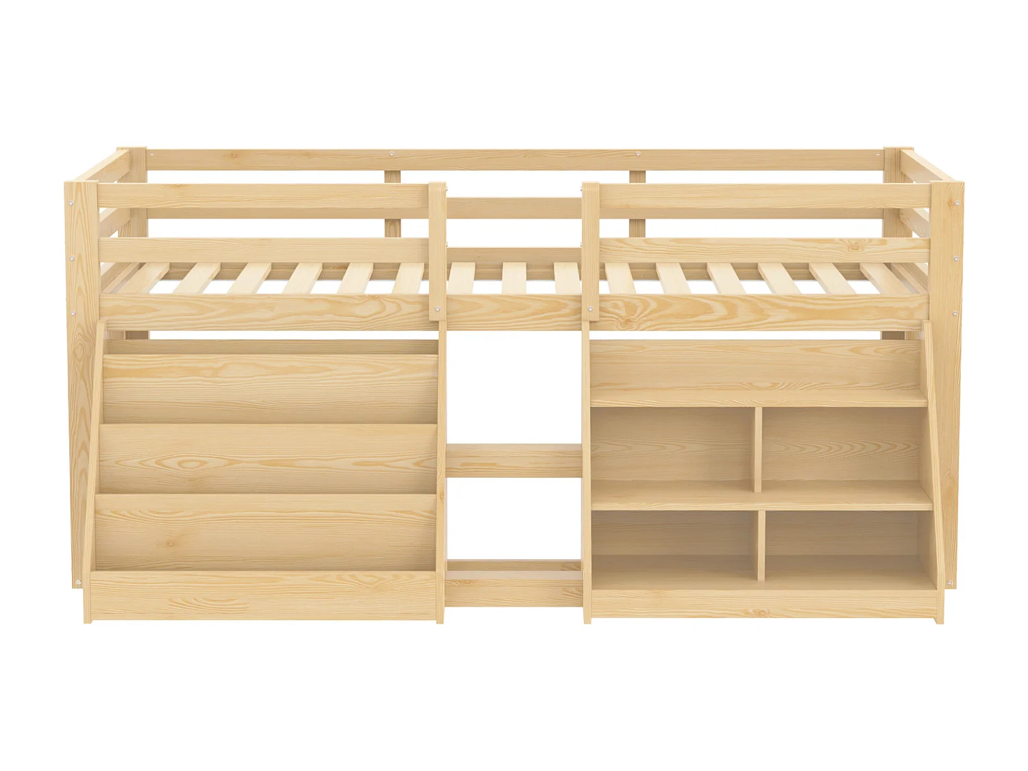 Kinderbed 90x200 cm - met LED-verlichting - met opbergplank - met hekken + ladder - Natuur​ (matras niet inbegrepen)