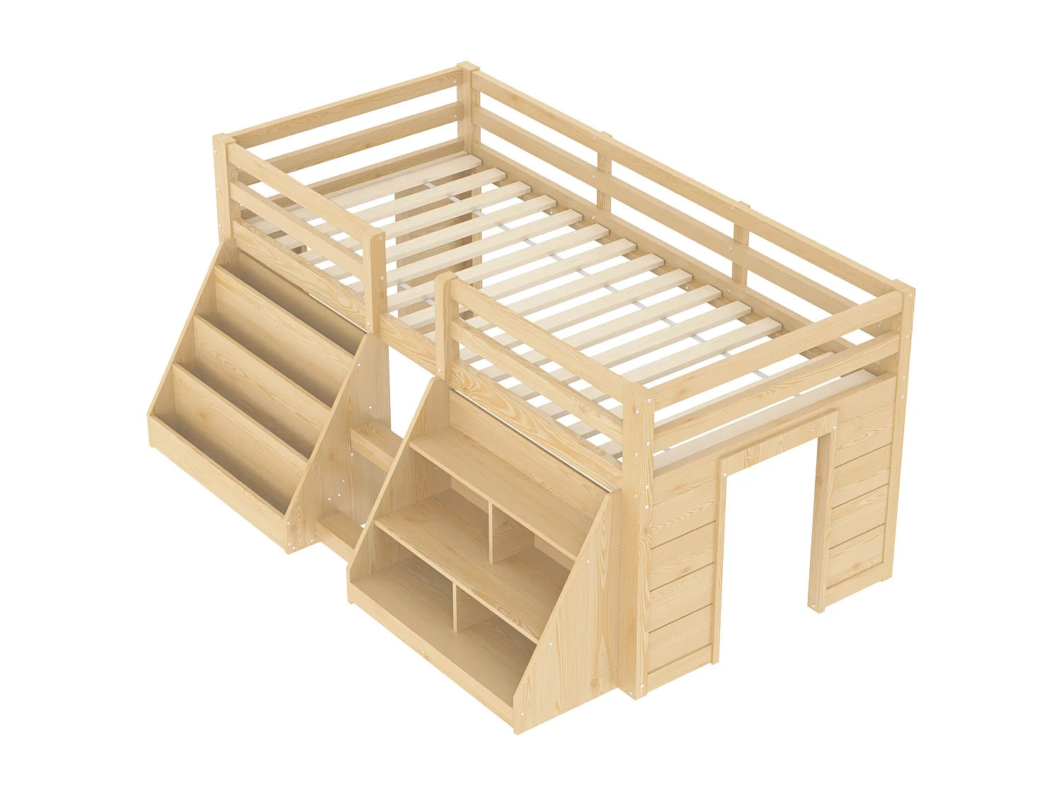 Kinderbed 90x200 cm - met LED-verlichting - met opbergplank - met hekken + ladder - Natuur​ (matras niet inbegrepen)