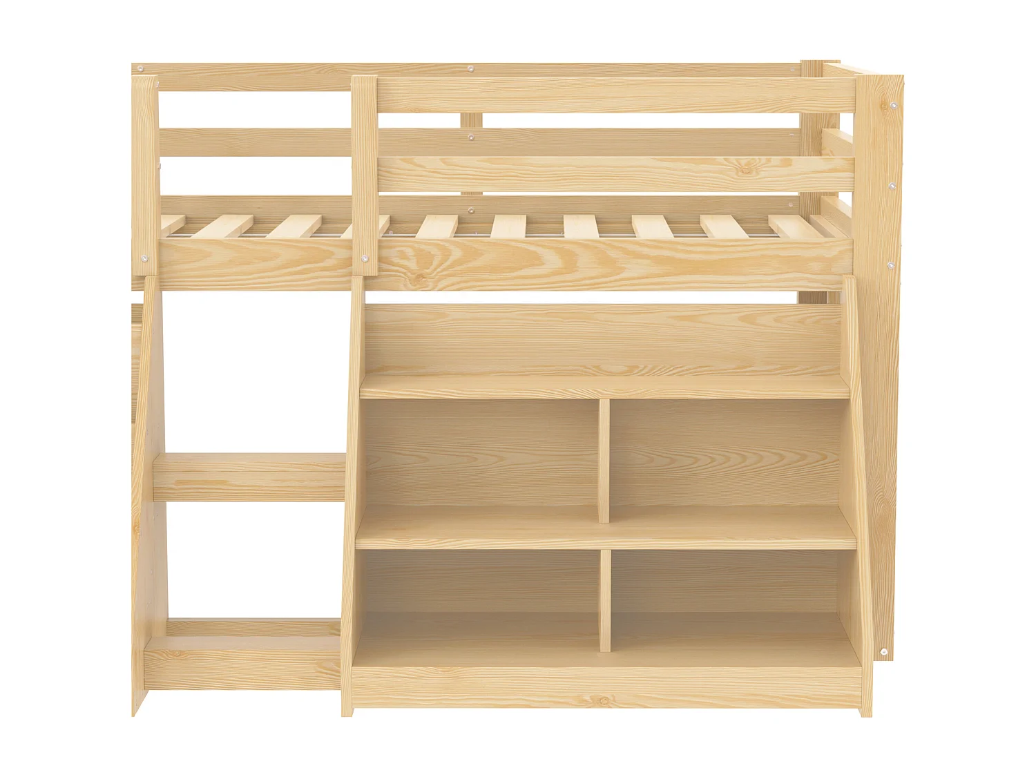 Kinderbed 90x200 cm - met LED-verlichting - met opbergplank - met hekken + ladder - Natuur​ (matras niet inbegrepen)