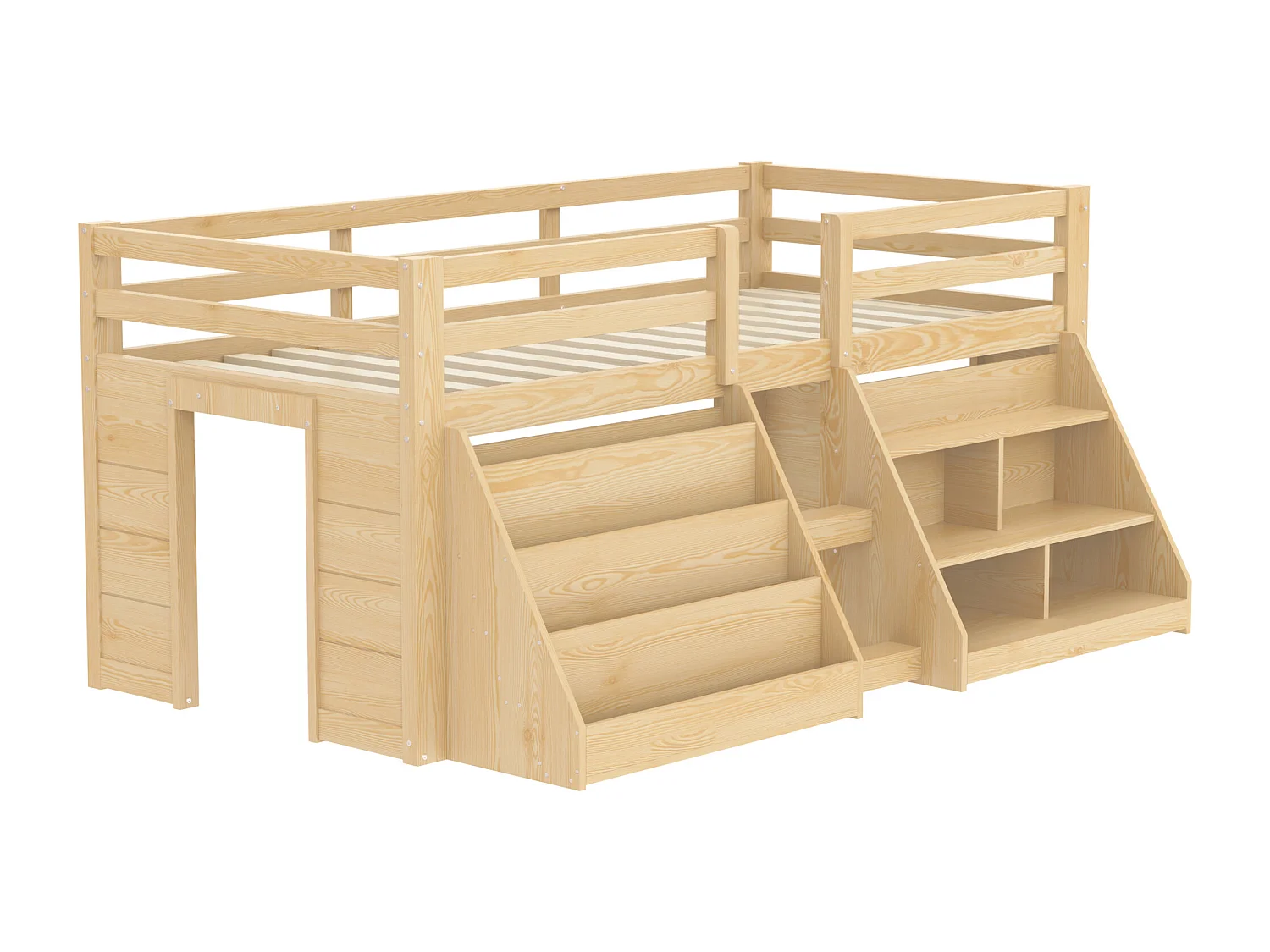 Kinderbed 90x200 cm - met LED-verlichting - met opbergplank - met hekken + ladder - Natuur​ (matras niet inbegrepen)