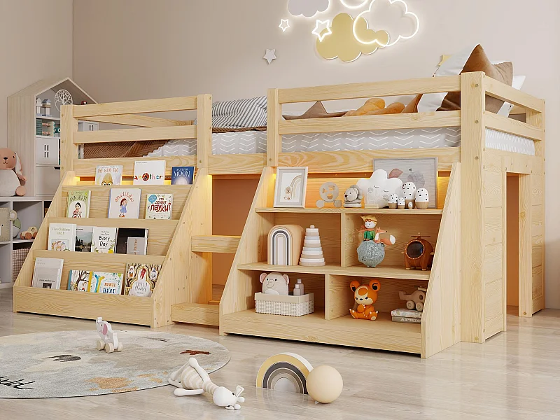 Lit enfant 90x200 cm - avec éclairage LED - avec étagère de rangement - avec barrières + échelle - Naturel(matelas non inclus)