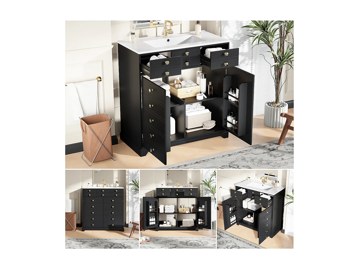 Meuble de salle de bain avec vasque en céramique - 91.5 x 47 x 86.5 cm - avec tiroirs + 2 portes - MDF - noir