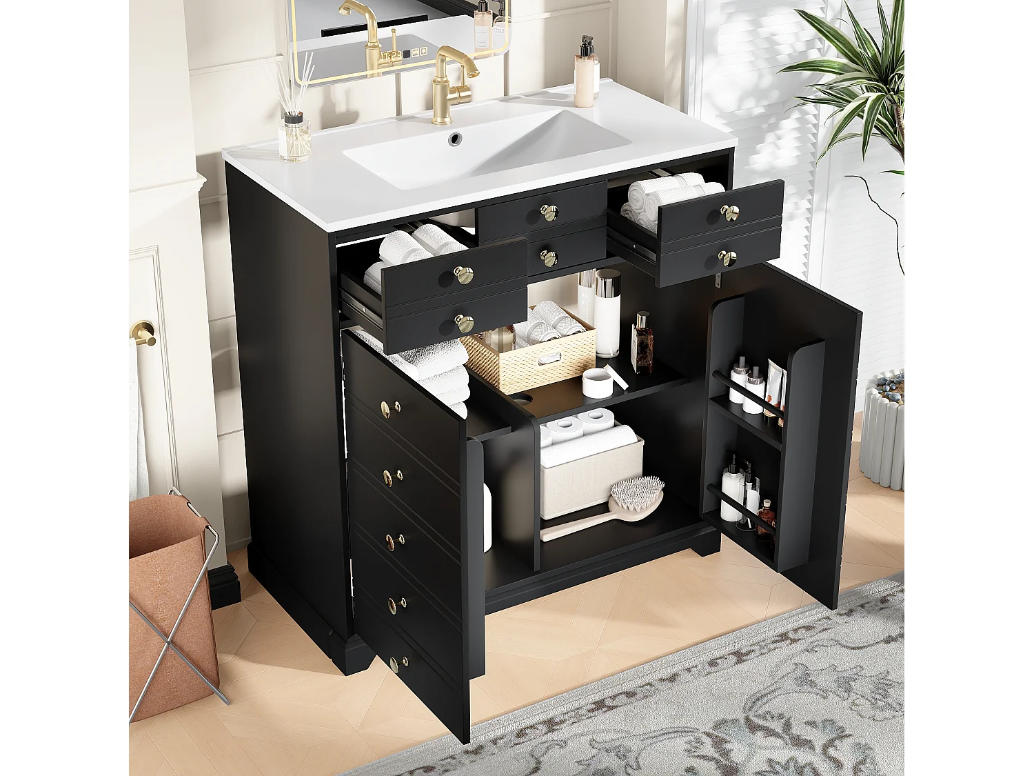 Meuble de salle de bain avec vasque en céramique - 91.5 x 47 x 86.5 cm - avec tiroirs + 2 portes - MDF - noir