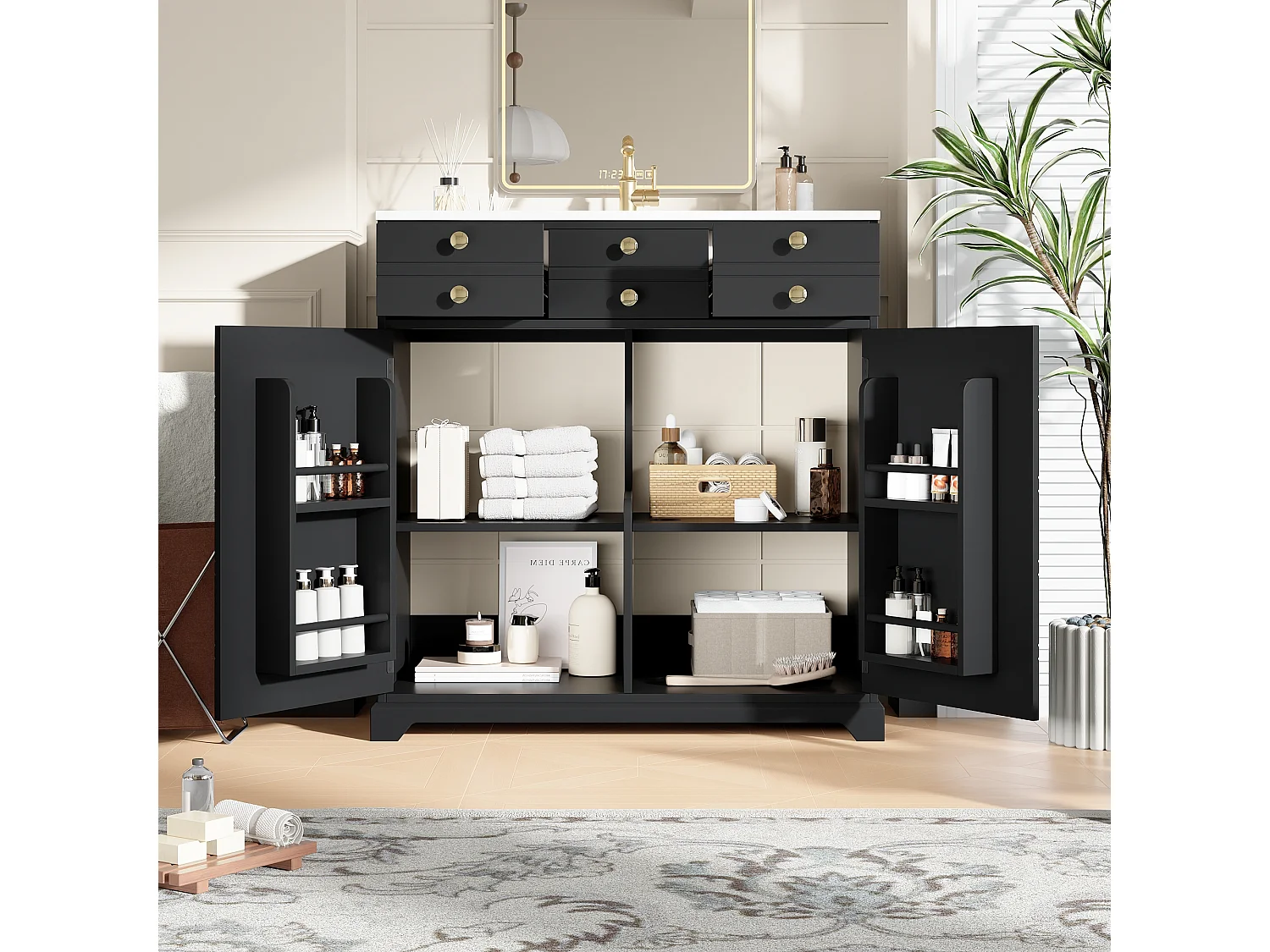 Meuble de salle de bain avec vasque en céramique - 91.5 x 47 x 86.5 cm - avec tiroirs + 2 portes - MDF - noir