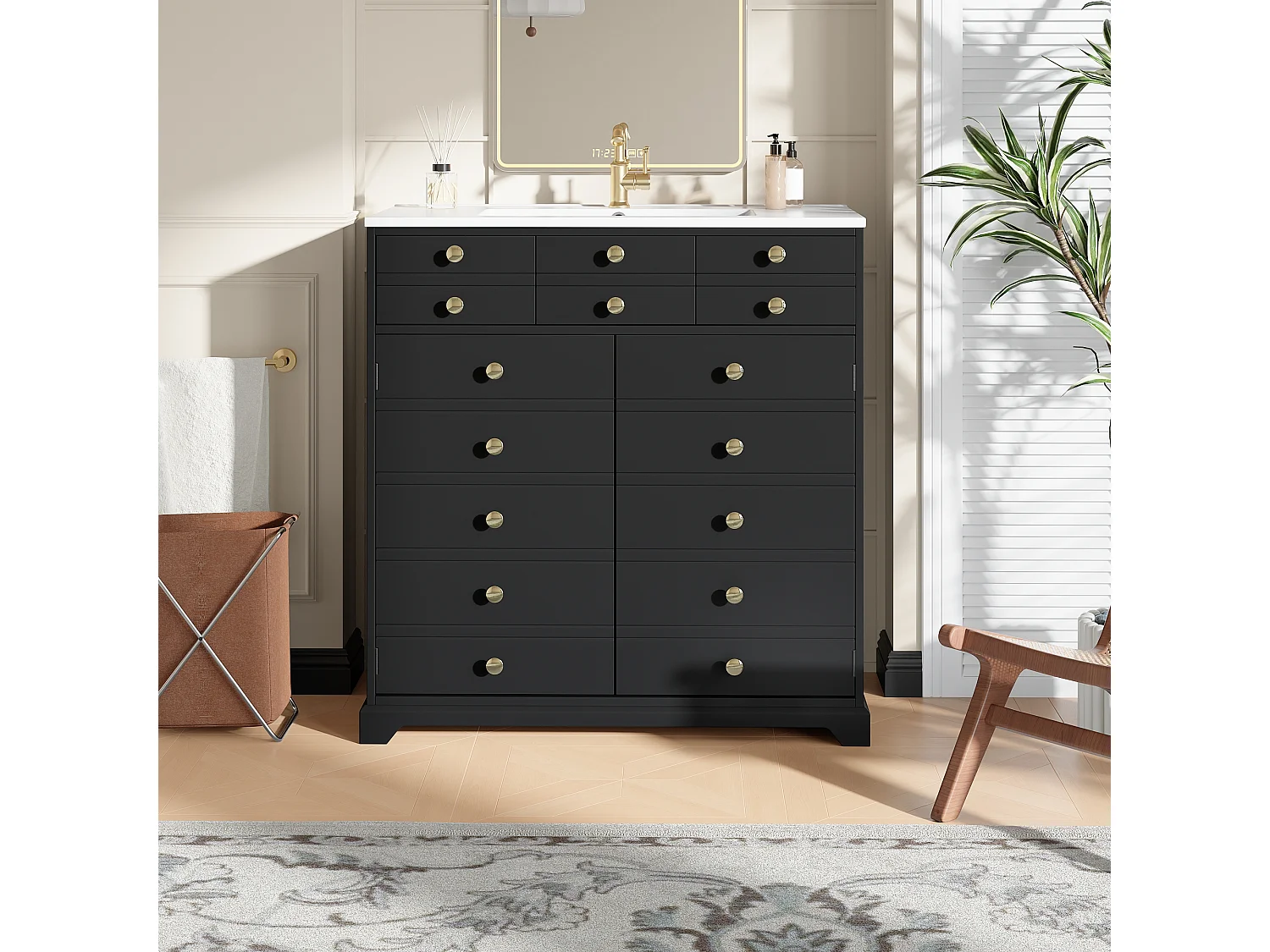 Meuble de salle de bain avec vasque en céramique - 91.5 x 47 x 86.5 cm - avec tiroirs + 2 portes - MDF - noir