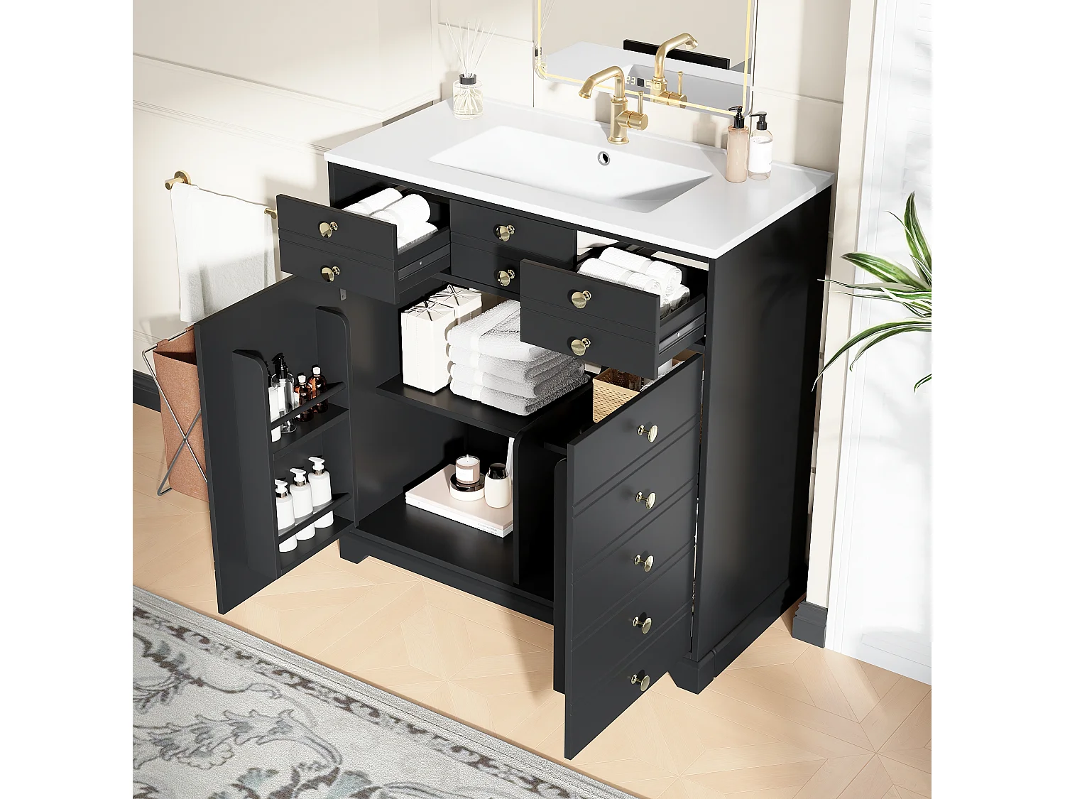 Meuble de salle de bain avec vasque en céramique - 91.5 x 47 x 86.5 cm - avec tiroirs + 2 portes - MDF - noir