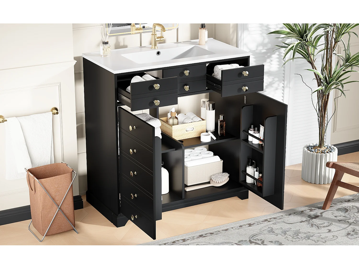 Meuble de salle de bain avec vasque en céramique - 91.5 x 47 x 86.5 cm - avec tiroirs + 2 portes - MDF - noir