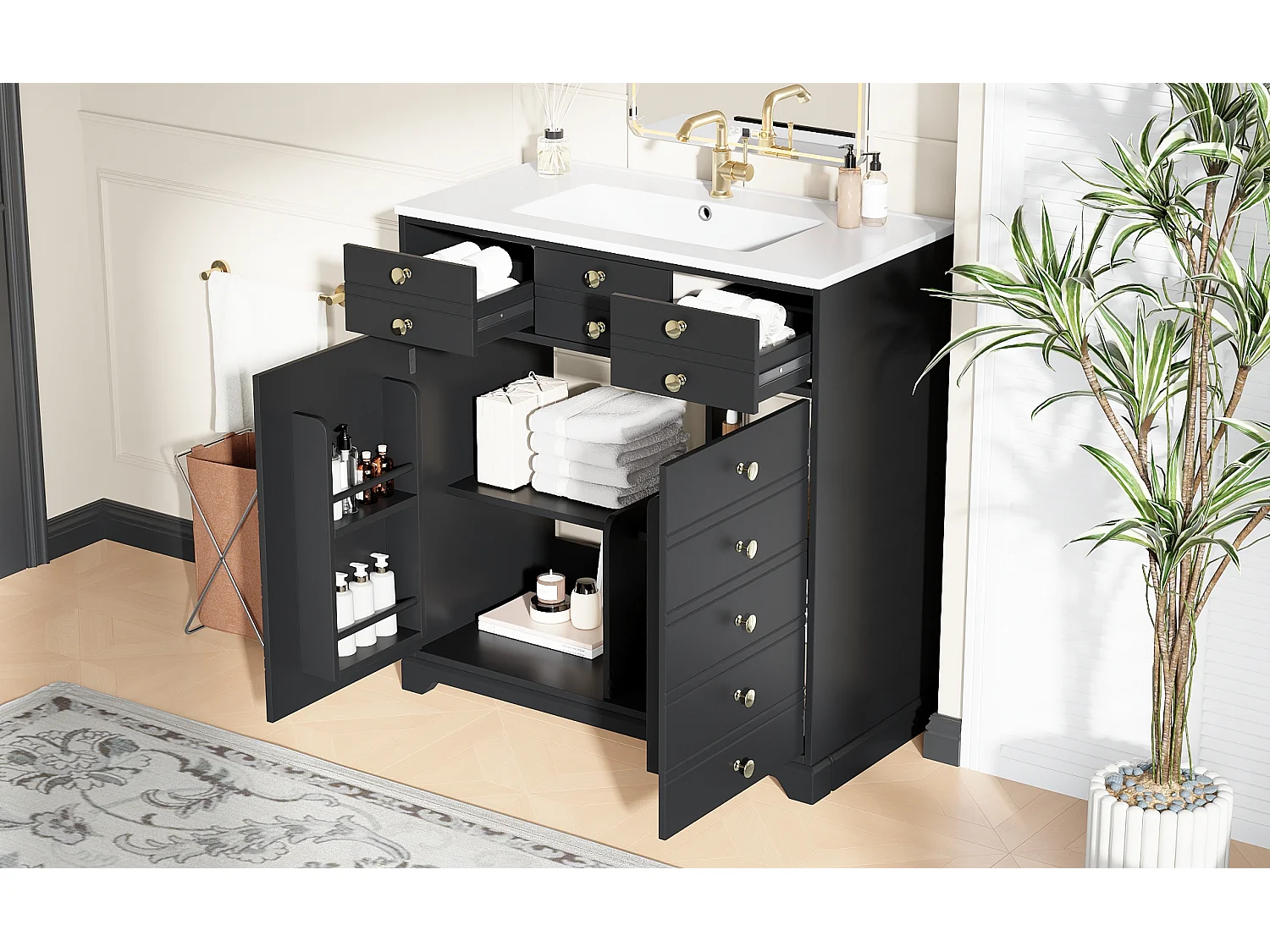 Meuble de salle de bain avec vasque en céramique - 91.5 x 47 x 86.5 cm - avec tiroirs + 2 portes - MDF - noir