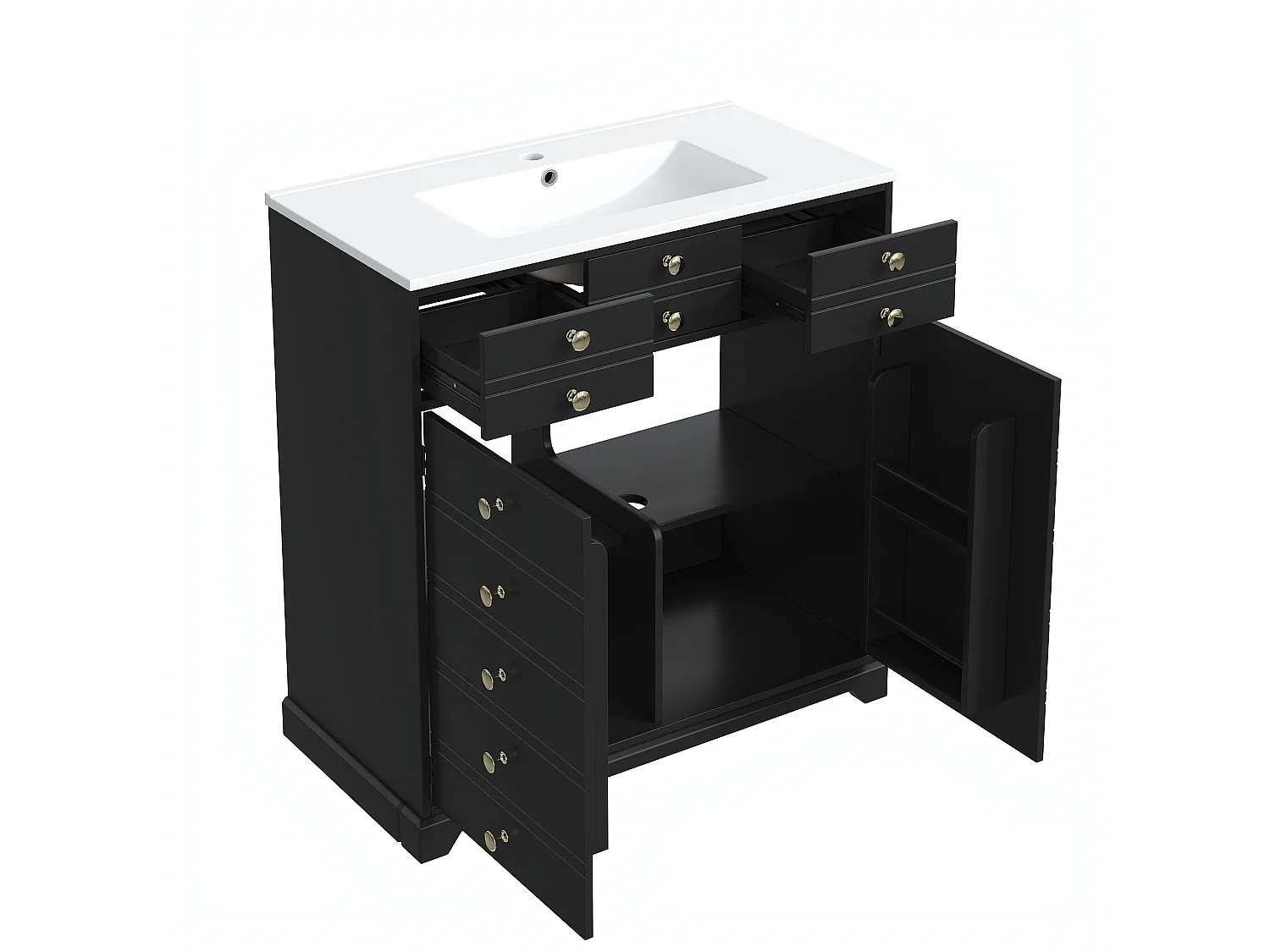 Meuble de salle de bain avec vasque en céramique - 91.5 x 47 x 86.5 cm - avec tiroirs + 2 portes - MDF - noir