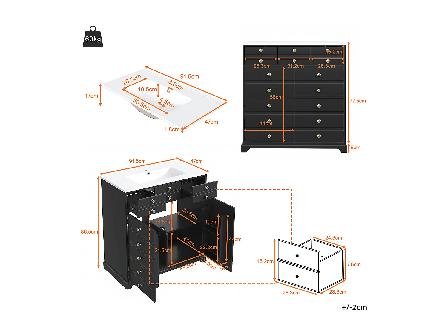 Meuble de salle de bain avec vasque en céramique - 91.5 x 47 x 86.5 cm - avec tiroirs + 2 portes - MDF - noir