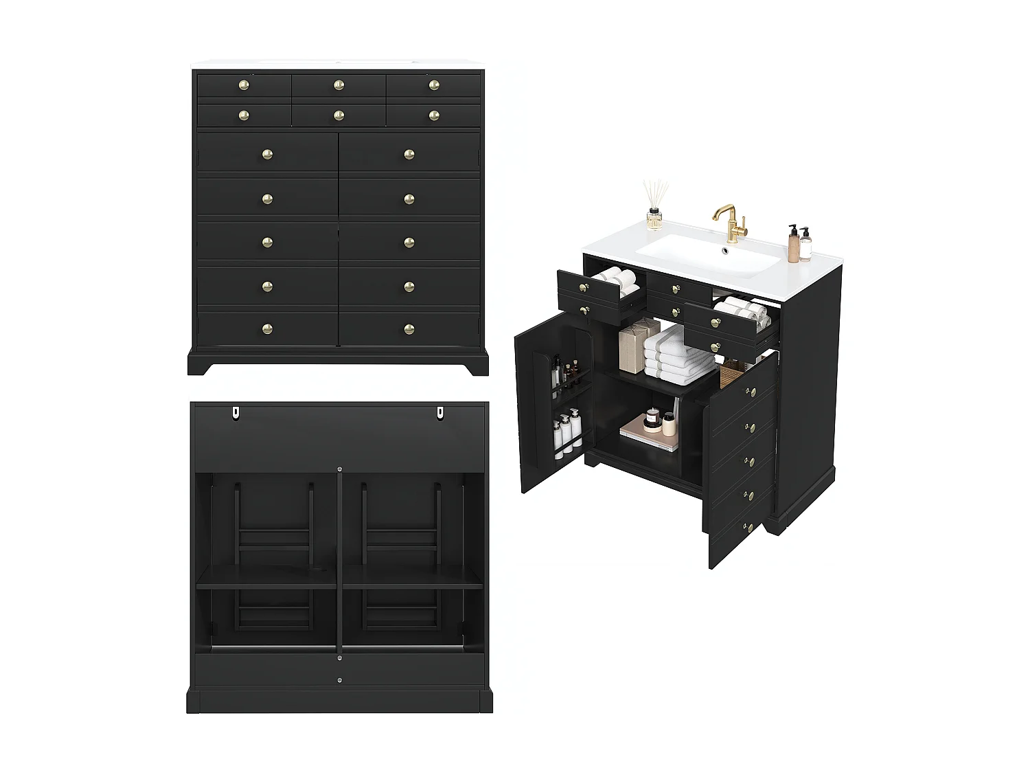 Meuble de salle de bain avec vasque en céramique - 91.5 x 47 x 86.5 cm - avec tiroirs + 2 portes - MDF - noir