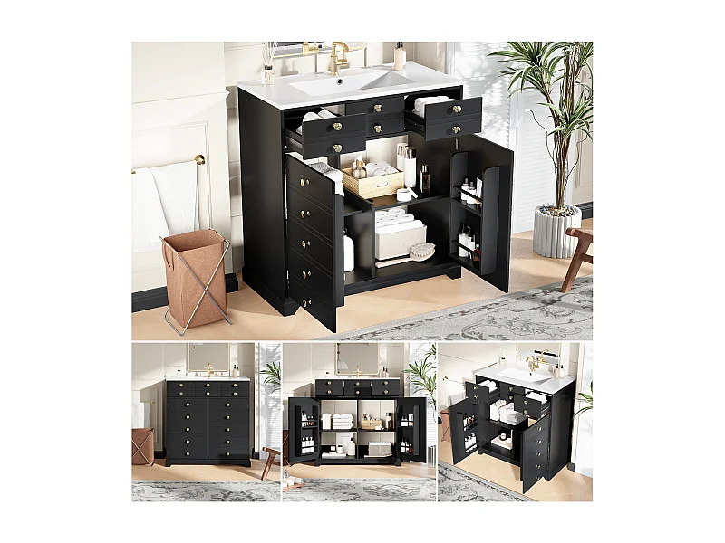 Meuble de salle de bain avec vasque en céramique - 91.5 x 47 x 86.5 cm - avec tiroirs + 2 portes - MDF - noir