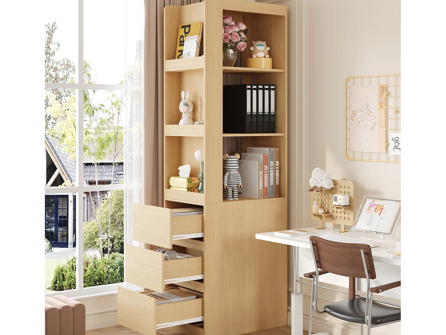 Bücherregal 200 cm hoch - 3 offene Regale und 3 Schubladen - Kann links oder rechts platziert werden - Spanplatten - Eichenfarbe