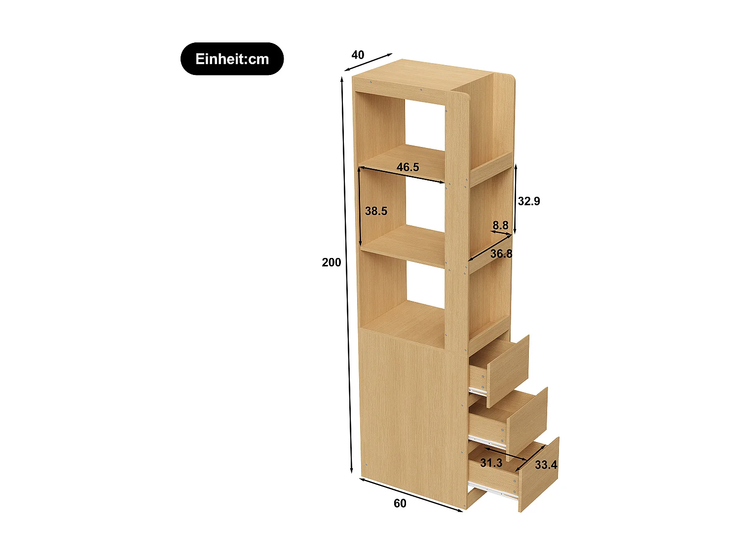 Bücherregal 200 cm hoch - 3 offene Regale und 3 Schubladen - Kann links oder rechts platziert werden - Spanplatten - Eichenfarbe