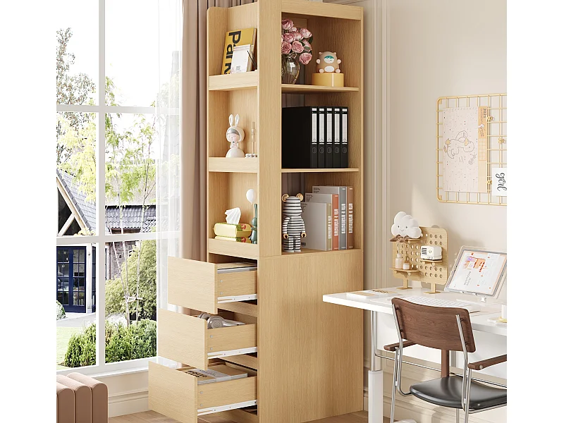 Bücherregal 200 cm hoch - 3 offene Regale und 3 Schubladen - Kann links oder rechts platziert werden - Spanplatten - Eichenfarbe