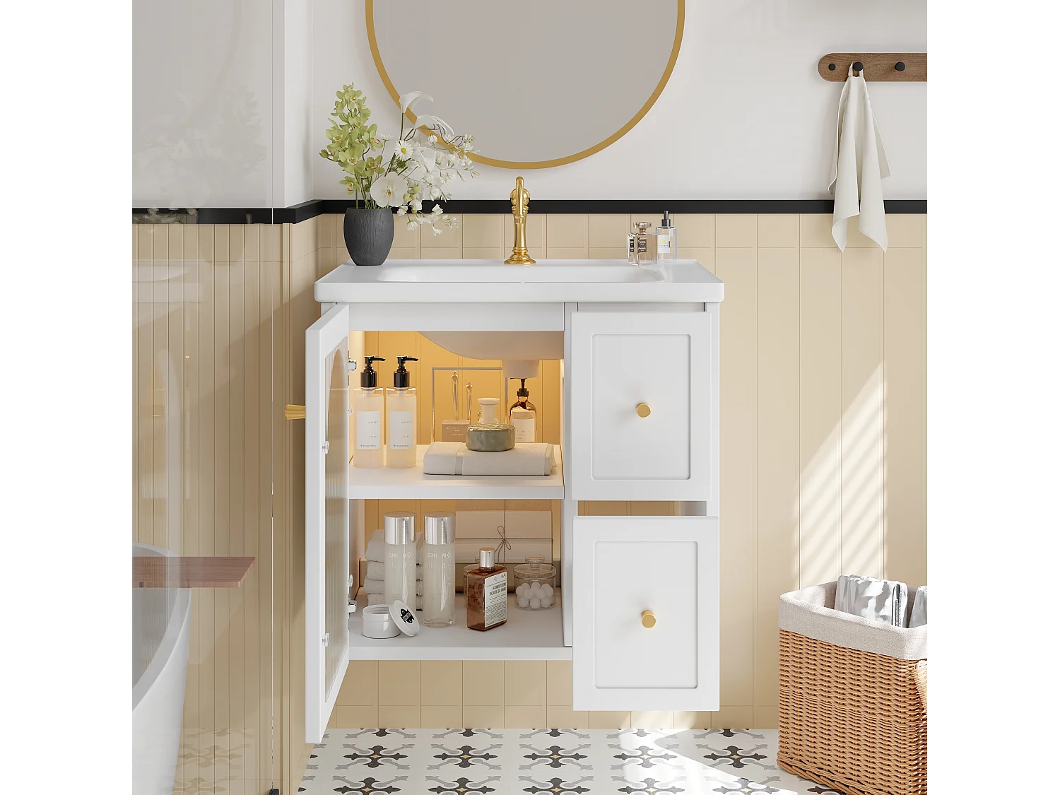 Meuble simple vasque mural en céramique - 60 x 47.5 x 57 cm - avec Leds + porte en verre + 2 tiroirs - MDF - blanc