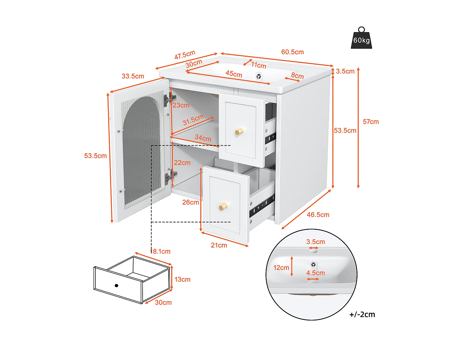 Meuble simple vasque mural en céramique - 60 x 47.5 x 57 cm - avec Leds + porte en verre + 2 tiroirs - MDF - blanc