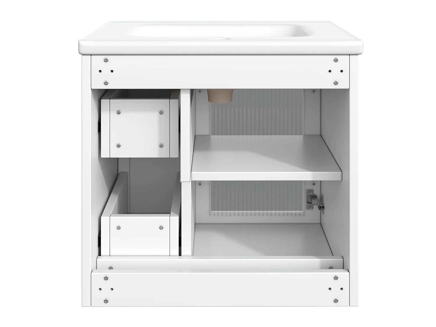 Meuble simple vasque mural en céramique - 60 x 47.5 x 57 cm - avec Leds + porte en verre + 2 tiroirs - MDF - blanc