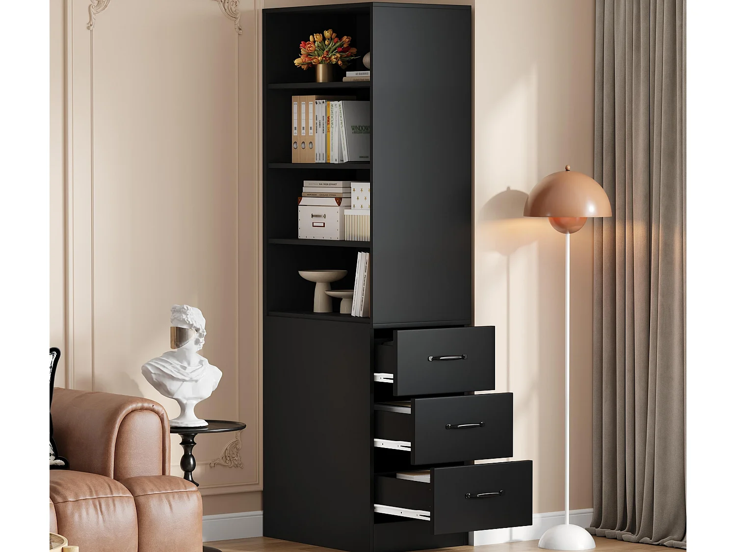 Bücherregal 180 cm hoch - mit 3 Seitenschubladen - Höhenverstellbare Einlegeböden - Links/rechts umkehrbar - Schwarz